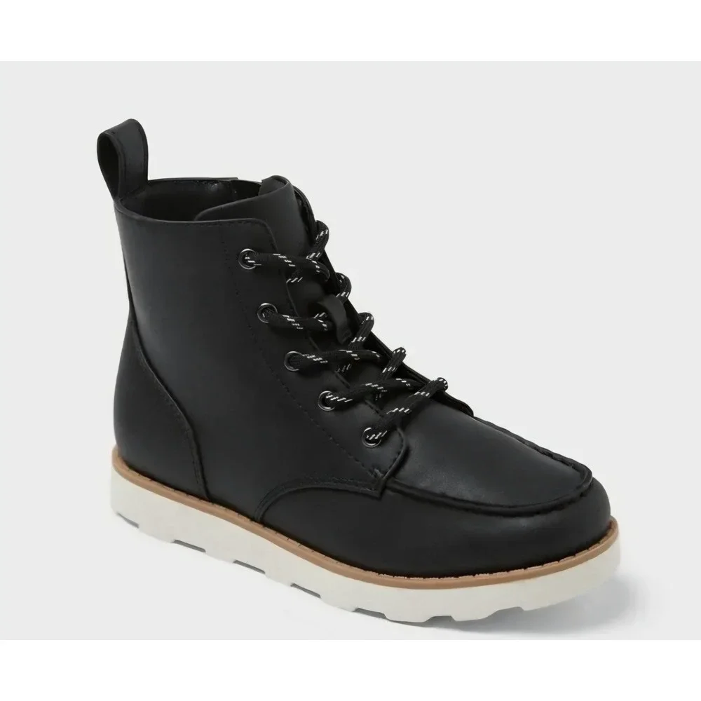 Cat & Jack Bosley Black Moc Toe Lace Up Side Zip Boots Kids Size 4 Street Wear